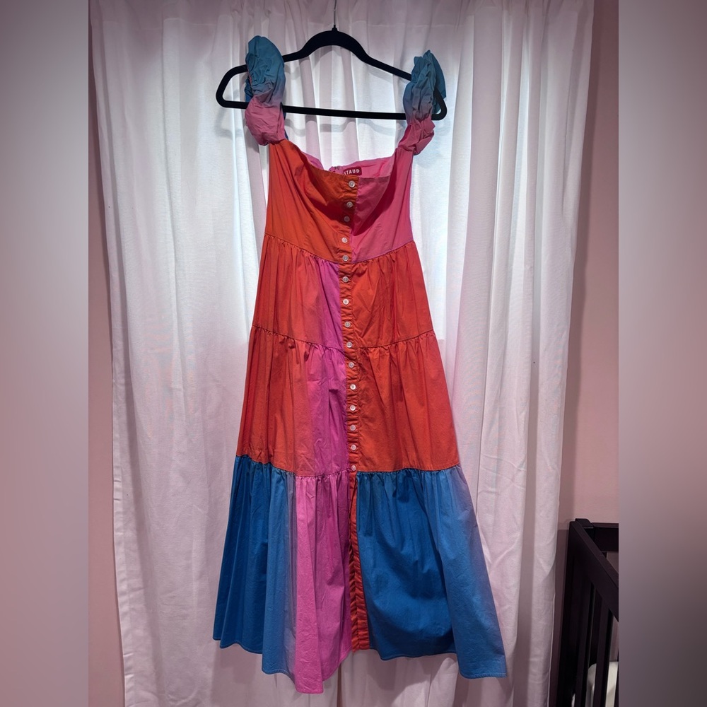 Staud Elio Puff-Sleeve Prairie Dress - color block with ombré detail